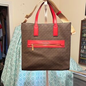 Michael Kors Brown Tote with Red Accents